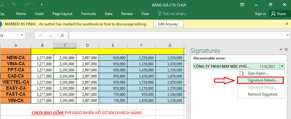 Ký điện tử file Excel bằng chữ ký số ViettelCA