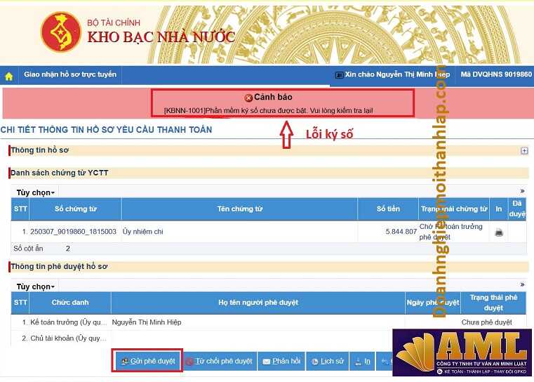 Nộp hồ sơ KHO BẠC NHÀ NƯỚC lỗi Phần mềm ký số chưa được bật. Vui lòng kiểm tra lại
