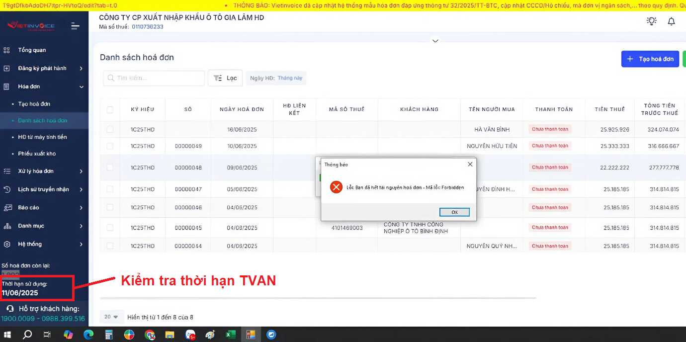 Lỗi Bạn đã hết tài nguyên hóa đơn - Mã lỗi Forbidden phần mềm HDDT VietInvoice Lỗi Bạn đã hết tài nguyên hóa đơn - Mã lỗi Forbidden phần mềm HDDT VietInvoice