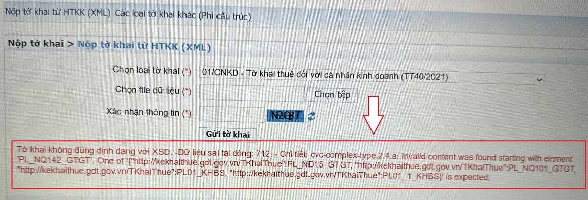 Tờ khai không đúng định dạng XSD. -Dữ liệu sai tại dòng 712